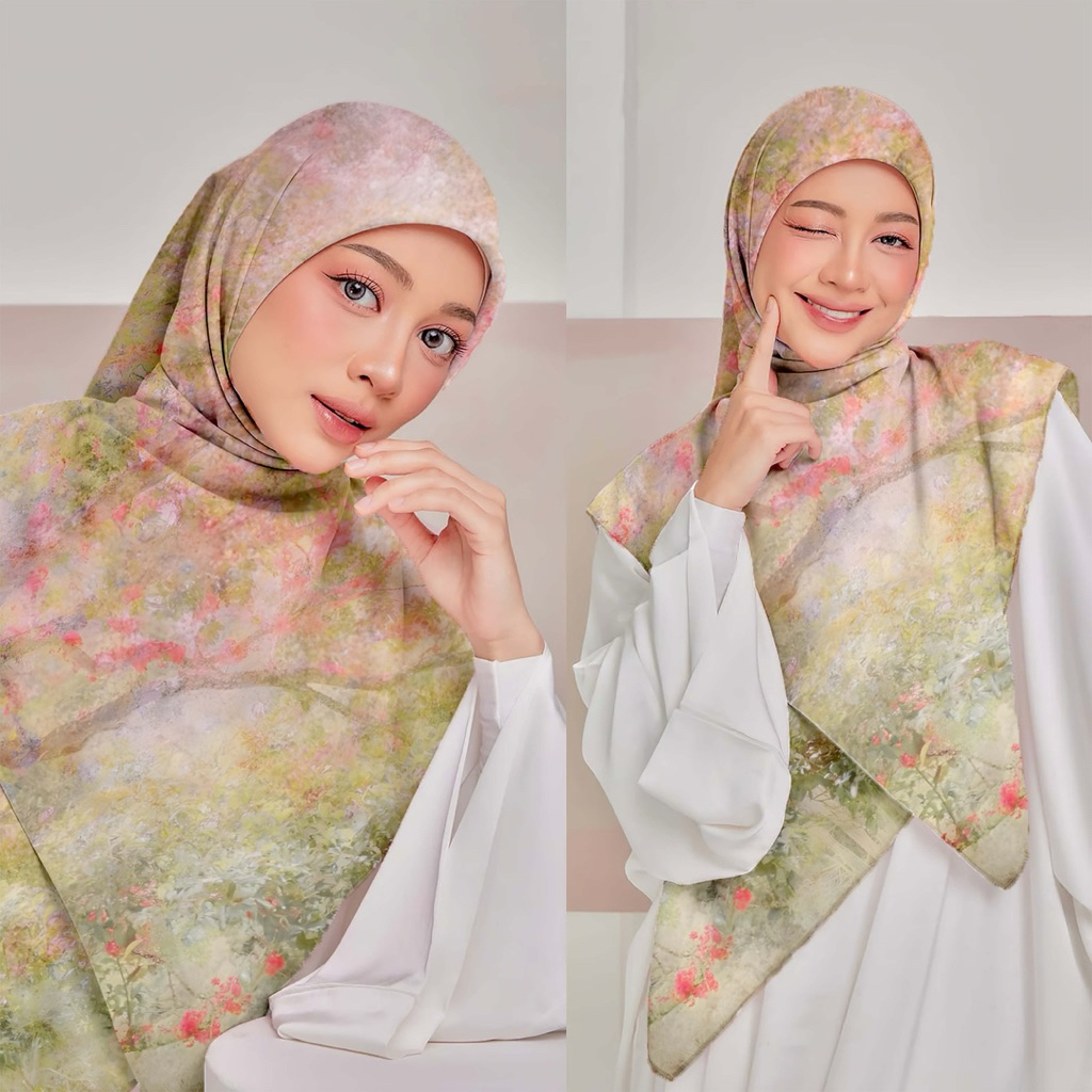Hijab Segiempat Printing 110x110cm Voal Premium Scarf - Bunga Abstrak Series dengan Detail Pinggiran