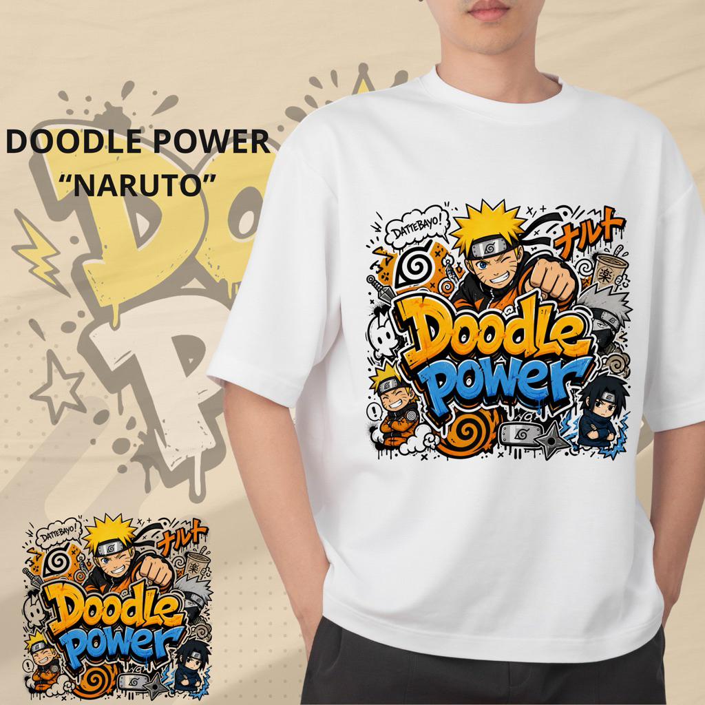 DOODLE POWER kaos Naruto putih / kaos bergambar Naruto putih / kaos bergambar kartun Naruto putih / 