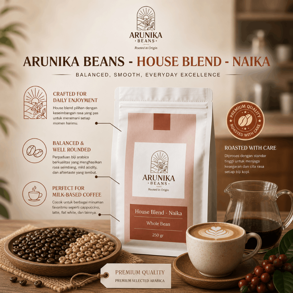 Arunika Beans House Blend Naika Coffee Beans | Blend Arabica Premium | Smooth Balanced | Espresso La