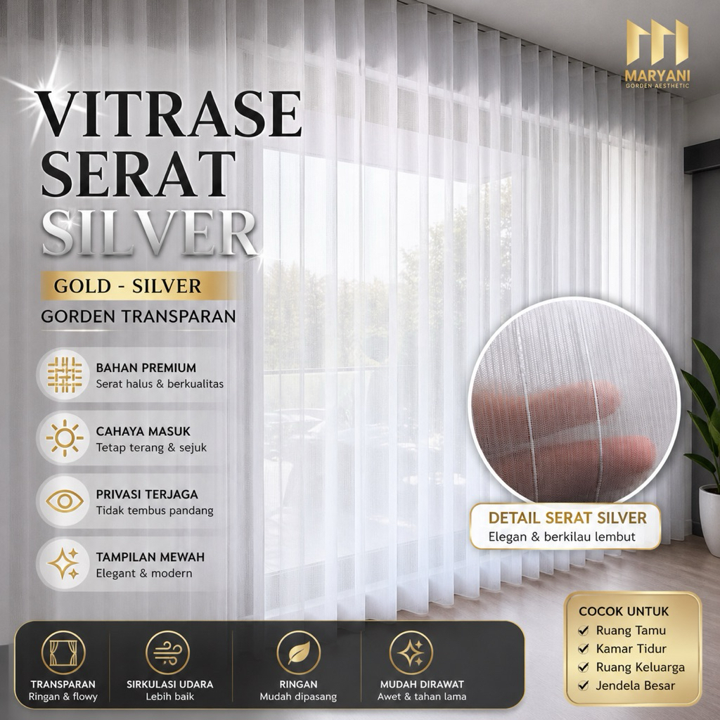 Vitrase Serat Silver daleman Gorden Import Blackout Gerimis gold dan silver Putih Transparan