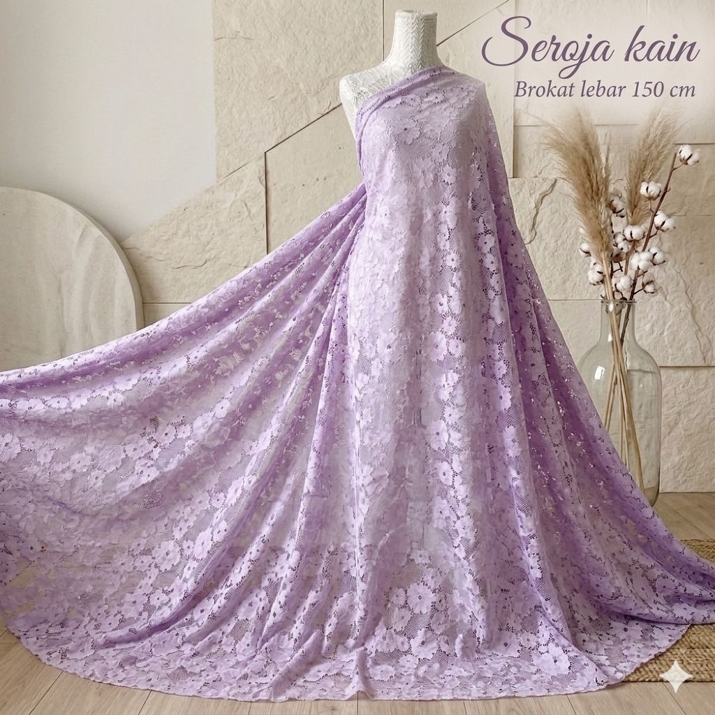 Kain Brokat Tile Motif Bunga Kecil Rapat Warna Lavender / Lilac Meteran Lbt