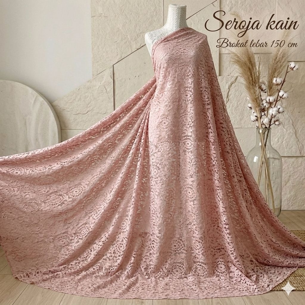 Kain Brokat Renda Motif Bunga & Daun Rapat Warna Peach / Salmon Muda Meteran Lbt