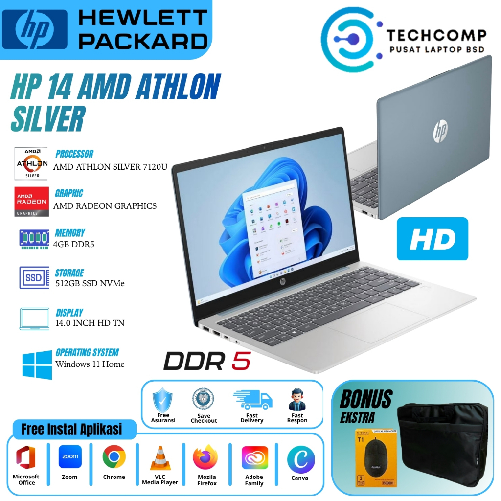 LAPTOP HP 14S AMD ATHLON SILVER 7120U 4GB DDR5 512GB SSD 14" HD W11 ORIGINAL