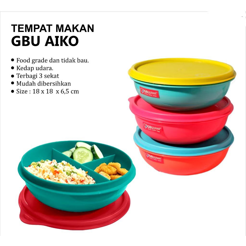 Kotak Makan Aiko Lunch Box GBU Plast Anti Tumpah, Kedap Udara, 3 Sekat