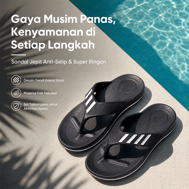 Sandal Jepit Pria Garis Tiga Stripes Casual - Sendal Karet Ringan Anti Slip Nyaman A867