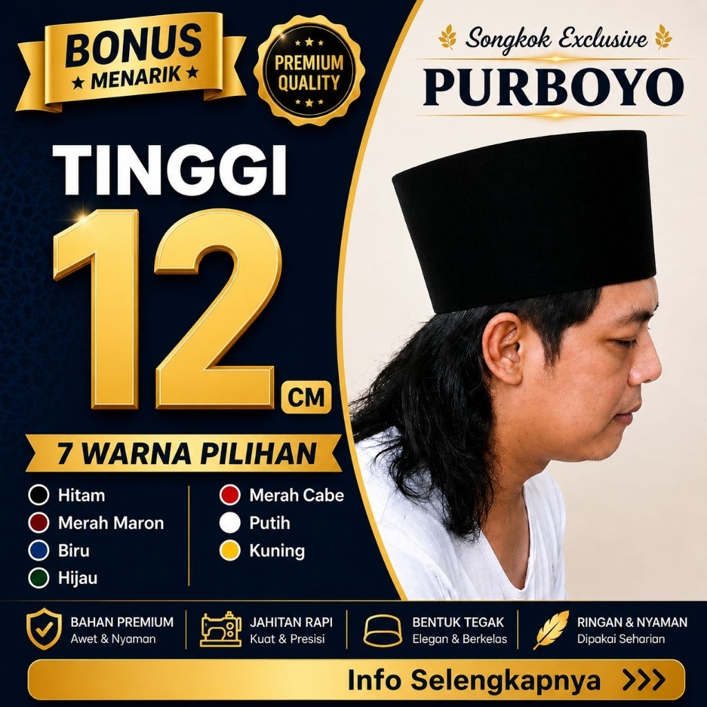 Peci Tinggi 12 cm - Bludru Halus Berkualitas Premium Model AC - Songkok Purboyo Kopiah Polos