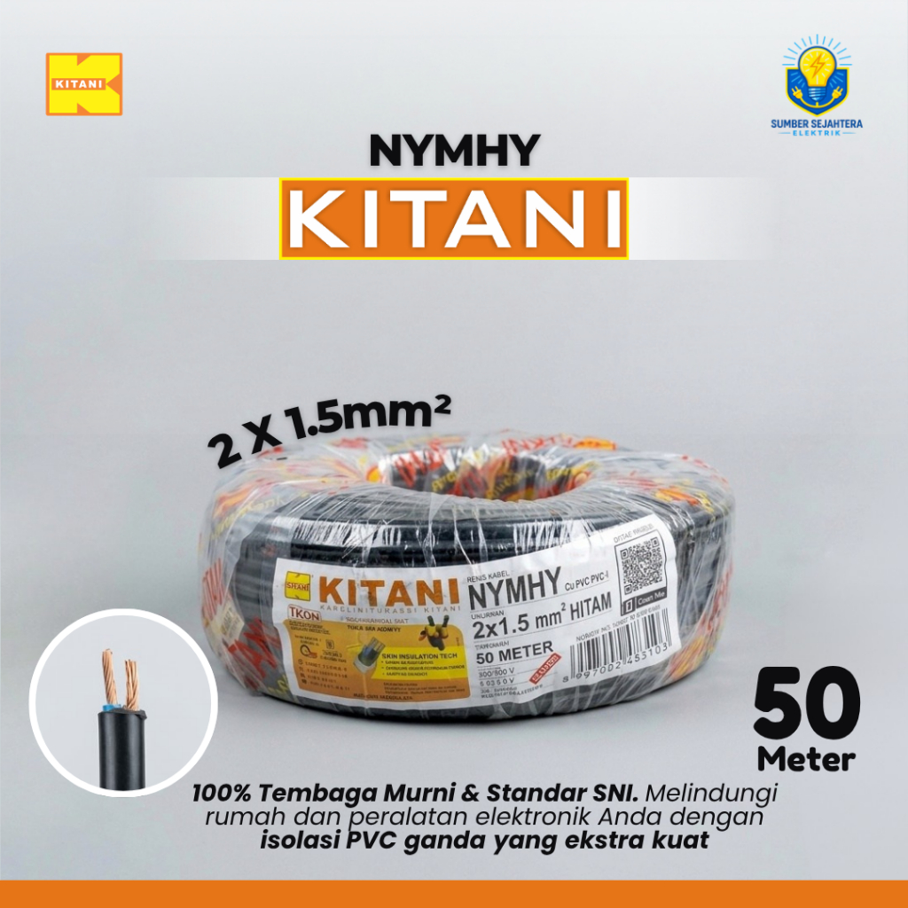 Kabel Listrik Serabut NYMHY KITANI 2x1.5 mm SNI LMK Hitam Asli 50 100 Meter