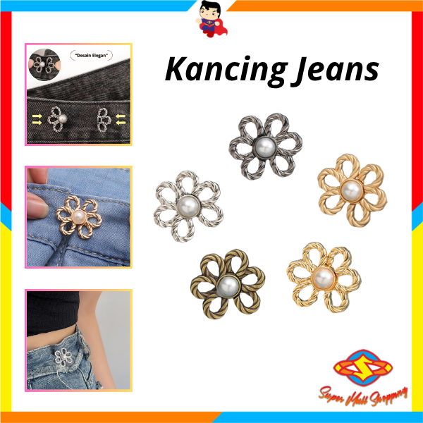 SMS Kancing Jeans Tusuk Motif Bunga Simple Adjustable Pengait Celana Kebesaran Bisa Dilepas Kancing 