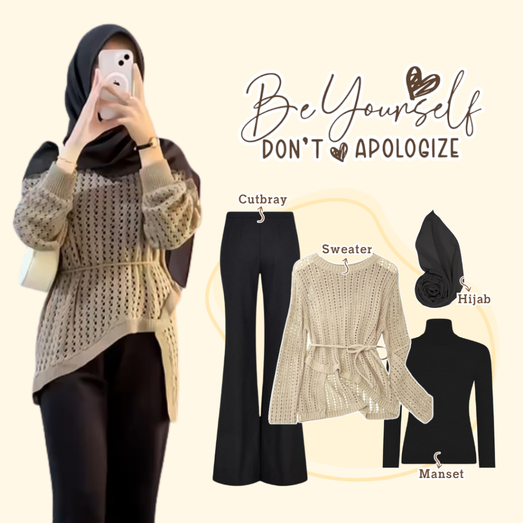 one set remaja 4in1 /  outfit wanita kekinian / Sweater Rajut Premium + Celana Cutbray Scuba Hitam +