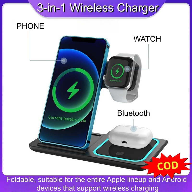 COD Charger Wireless 3 Port 15W Fast Charging Untuk HP iPhone Samsung Xiaomi Oppo Vivo Jam Tangan Ea