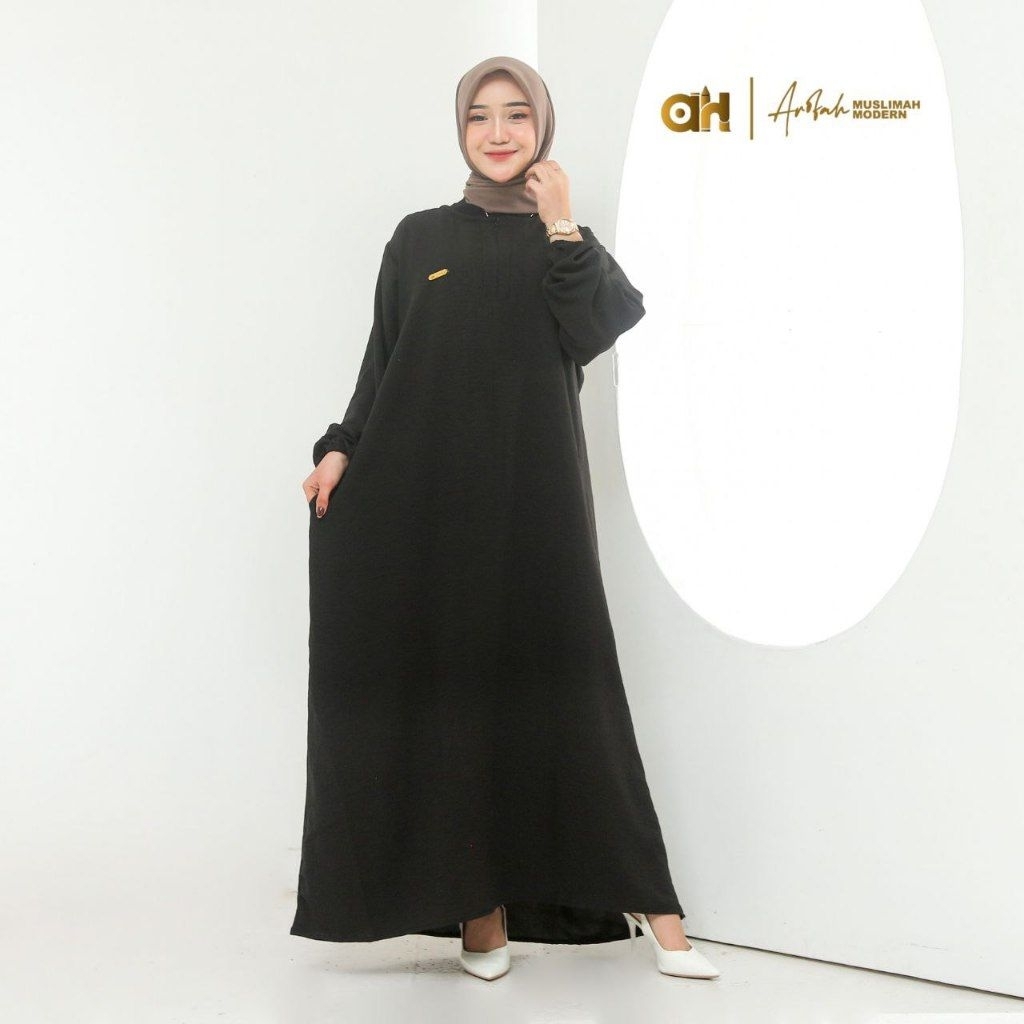 GAMIS HITAM SEMI ABAYA JUMBO LD 130 / GAMIS BALON CRINKLE / LENGAN BALON / ABAYA TURKI / GAMIS DAILY