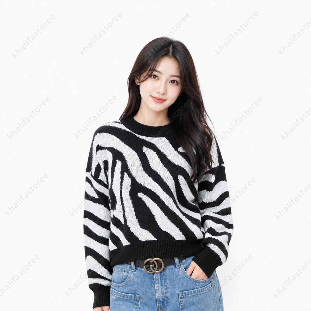 Sweater Wanita Crop Motif Zebra Acrylic Rajut CREW NECK ZEBRA / SWEATER RAJUT PREMIUM / BAJU RAJUT /