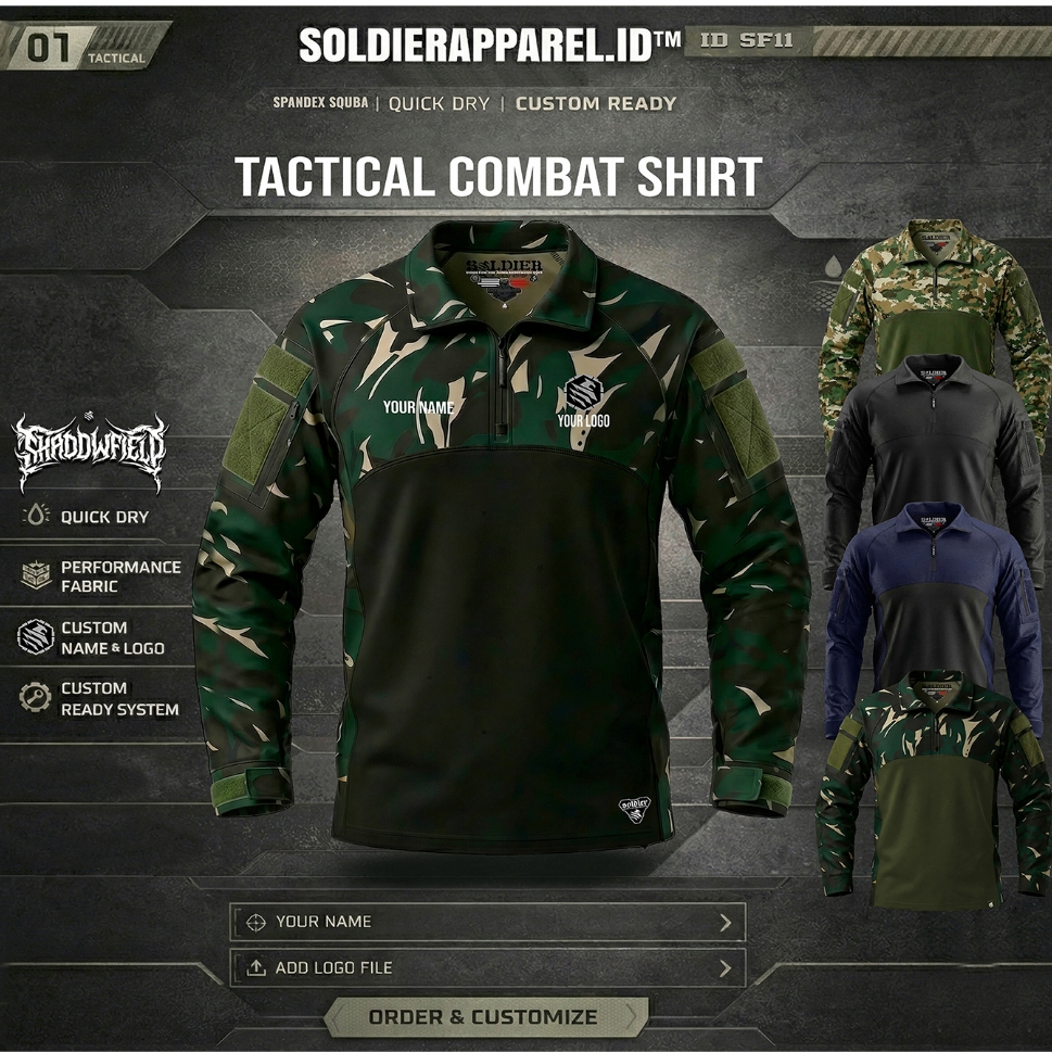 Kaos Tactical combat shirt Pria– Shadowfield Series | Scuba & Texsture Emboss, Tebal | Bisa Custom Logo & Tulisan