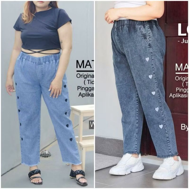 TERLARIS-CELANA BAGGY JEANS BORDIR LOVE/CELANA JEANS WANITA KOREA/BAGGY JEANS JUMBO BORDIR LOVE XL X