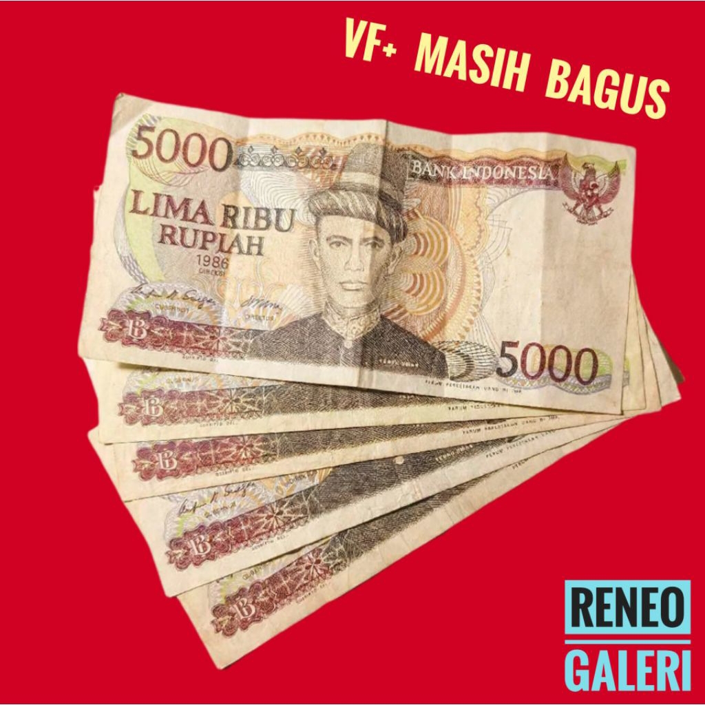 VF+ asli 5.000 rupiah Teuku umar tahun 1986 Rp 5000 menara kudus uang kertas kuno Indonesia duit lam