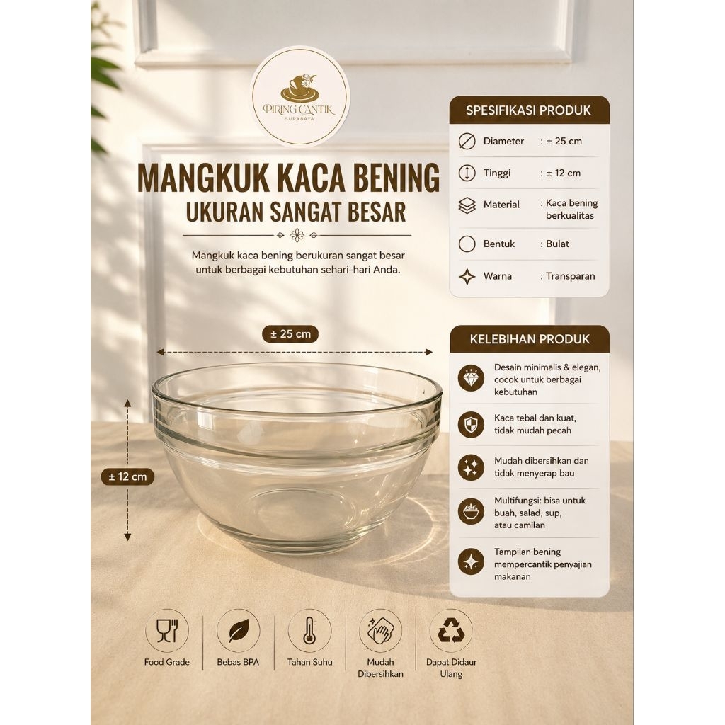 Mangkok Kaca Bening Serbaguna – Ukuran Sangat Besar| Wadah Makanan Kaca