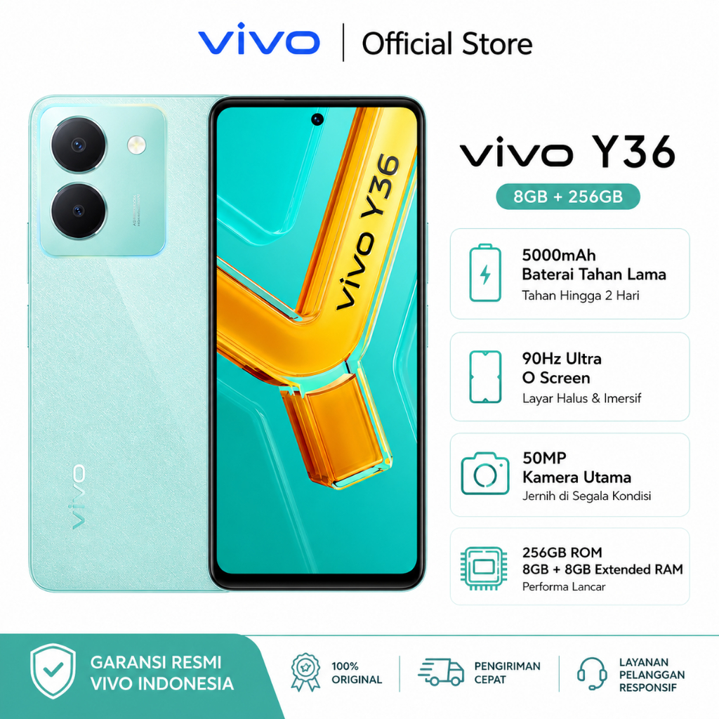 VIVO Y36 5G 8GB RAM +256GB ROM Smartphone 44W FlashCharge + 5000 mAh 50MP Fun Camera 6.64" FHD+ Datc