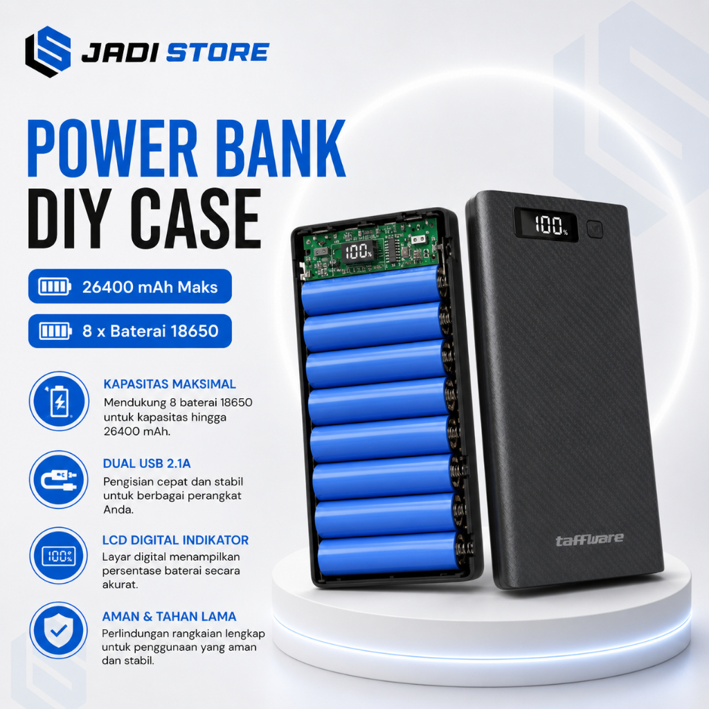 TAFFWARE Casing Power Bank DIY Case 8 PCS 18650 Dual USB Port 2.1A Fast Charging LCD Digital Indikat