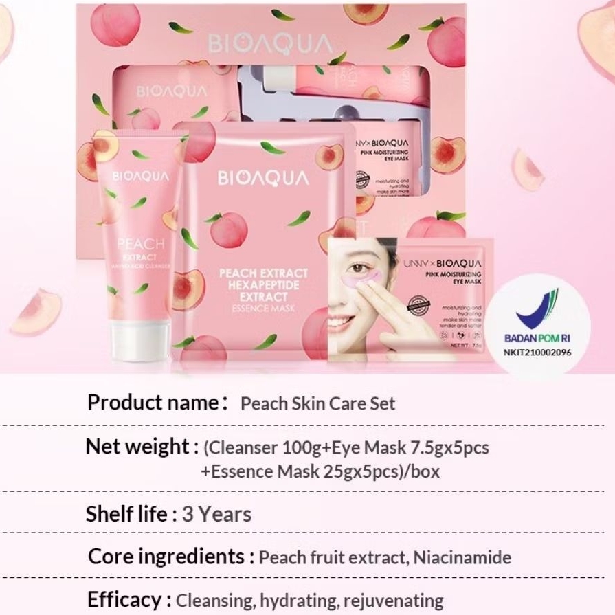 bioaqua Peach skin care set [ Cleanser 100g + Eye Mask 5x7.5g + Moisturizing Mask 5x25g ]