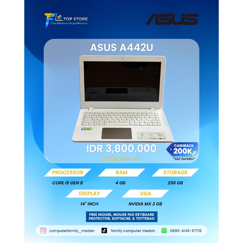 LAPTOP ASUS A442U INTEL CORE I5 GEN 8 RAM 4 GB SSD 256 GB NVIDIA 2 GB