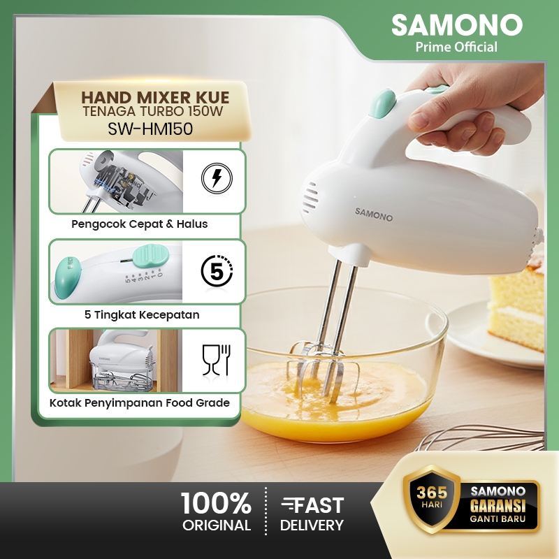 SAMONO Hand Mixer Pengaduk Adonan Kue Elektrik 5 Kecepatan Turbo Speed Watt Rendah Low Watt Hemat Li