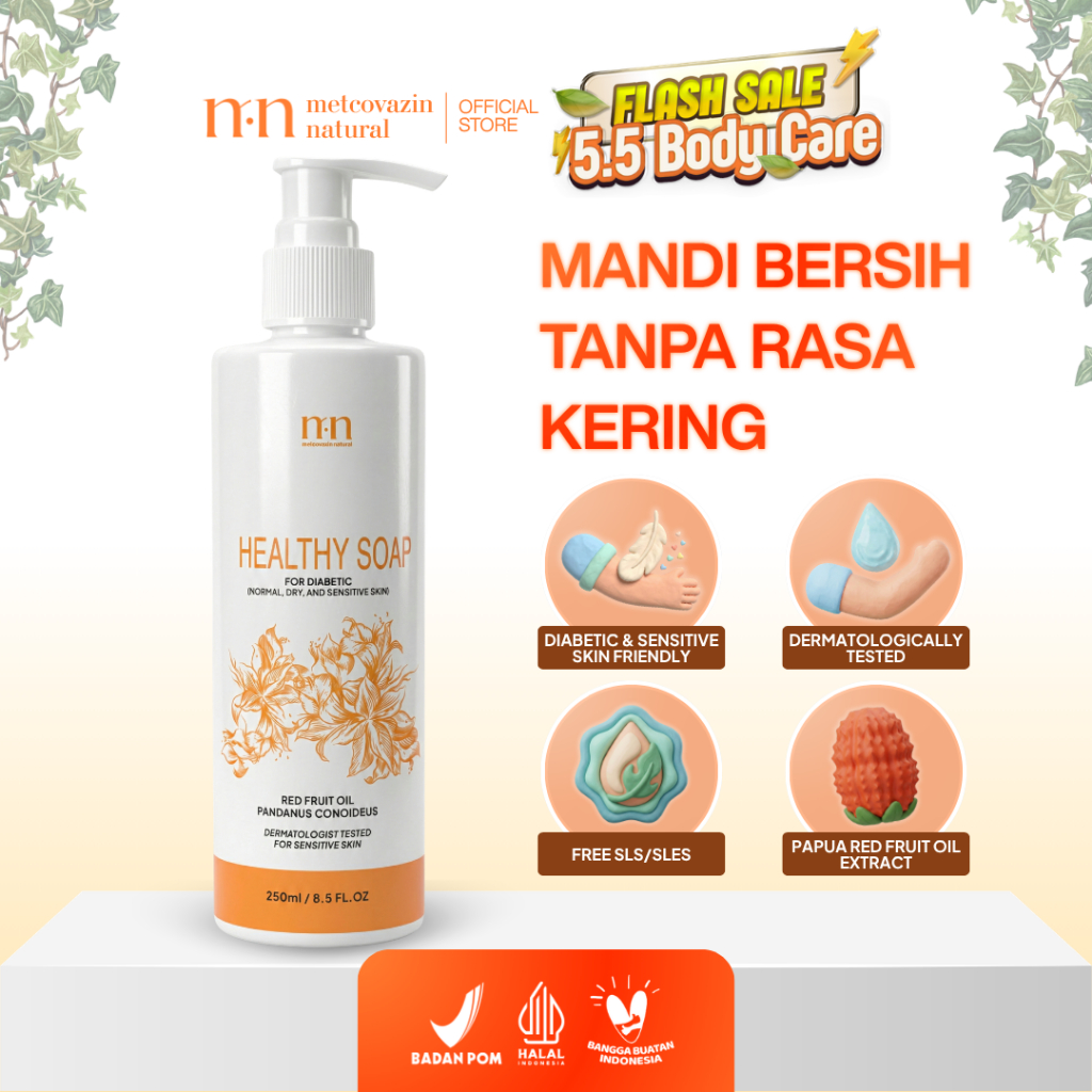 Metcovazin Natural Body Wash 250 ml - Sabun Mandi Buah Merah Papua Perawatan Kulit Diabetes, Kering 