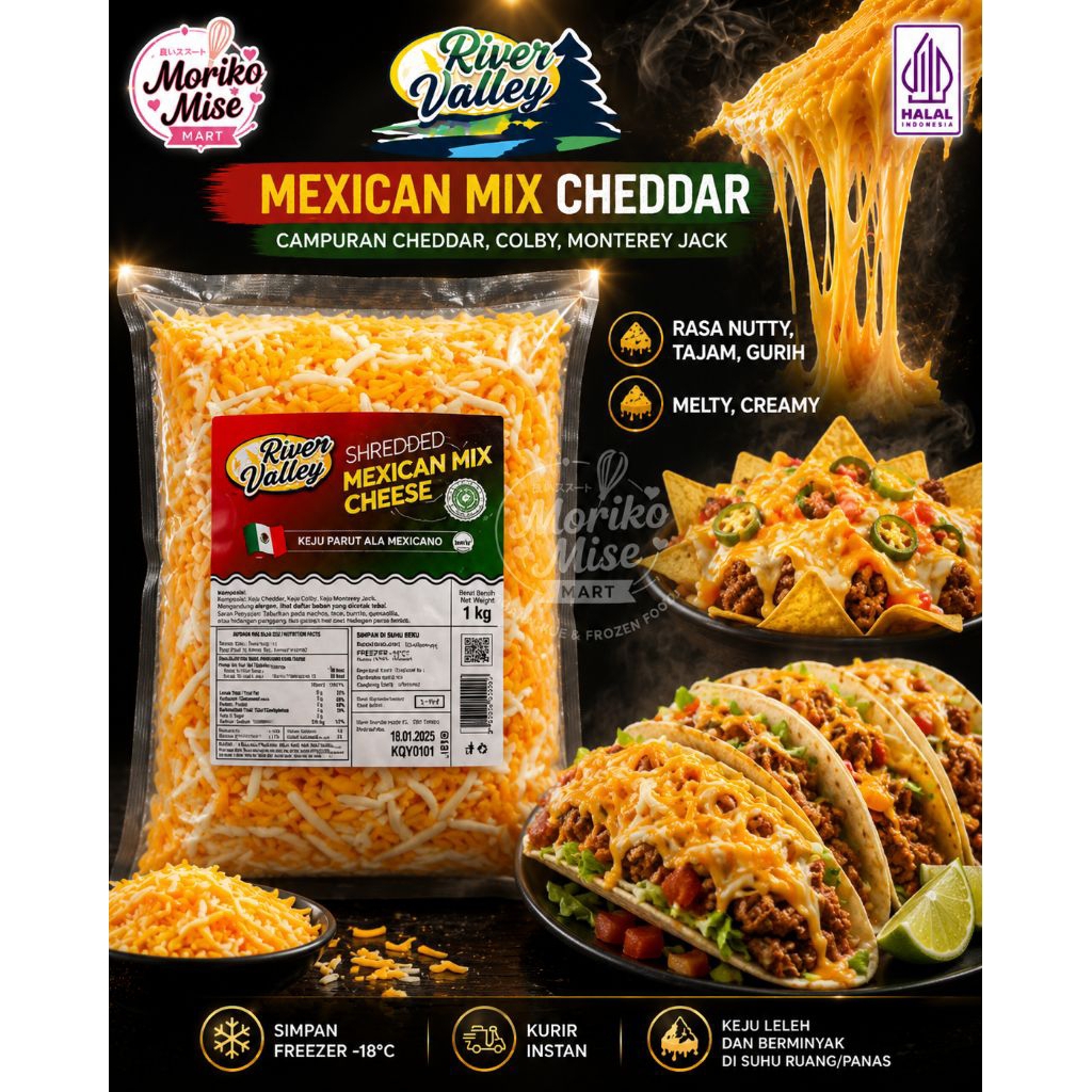 [ RIVER VALLEY Cheddar ] Shredded 1 kg / Red Cheddar / Mexican Cheese / Red Cheddar Mix Cheese / Whi