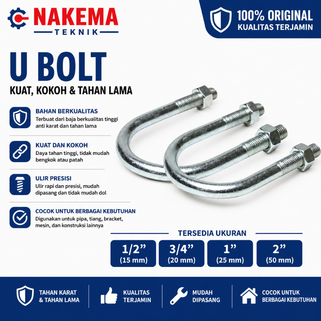 KLEM U BOLT GALVANIS 1/2", 3/4", 1", 2" CALMP U BOLT GALVANIS