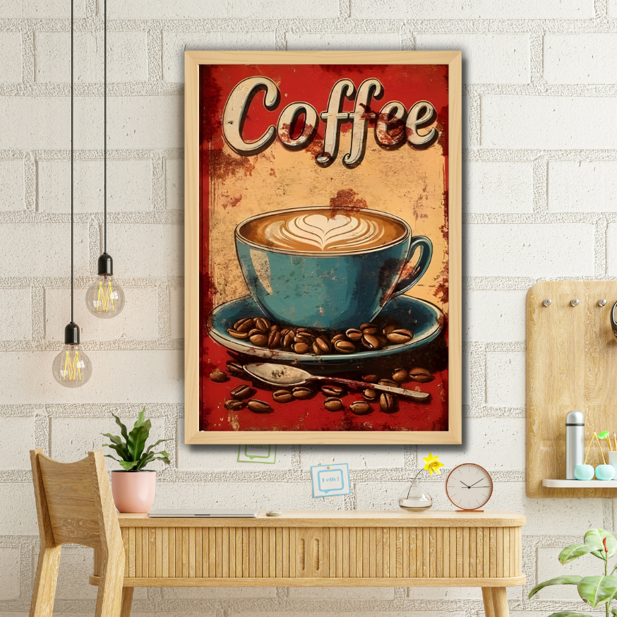 Hiasan Dinding Kayu Aesthetic Kopi Retro A2 - Poster Kayu Kopi Cafe + Bingkai Jumbo Premium