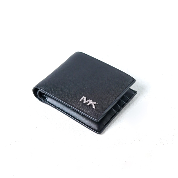 Dompet MK MK SIDE SILVER BLACK PLAIN LEATHER WALLET WITH CARD HOLDER 100% ORIGINAL