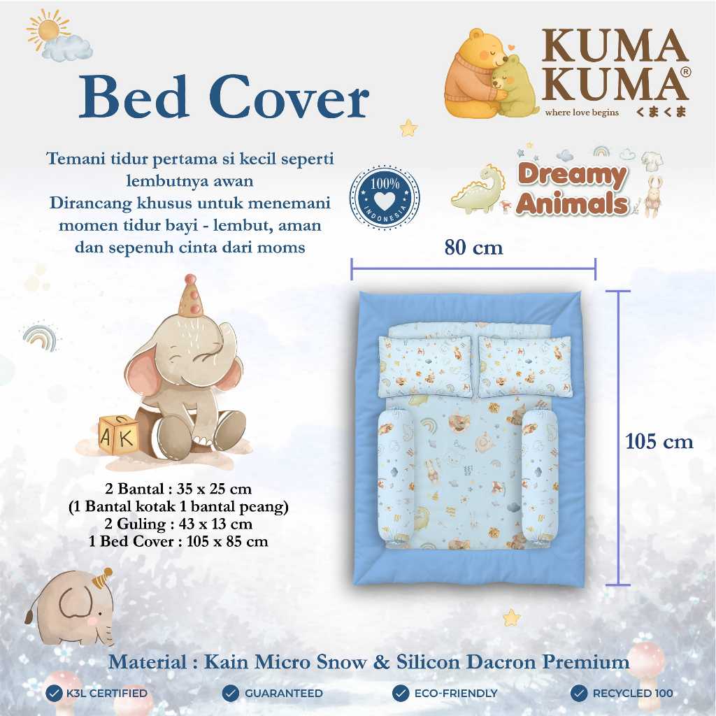KumaKuma Bed Cover Set Bayi Motif + 2 Bantal 2 Guling / Bed Cover Set / Kado Lahiran Bayi