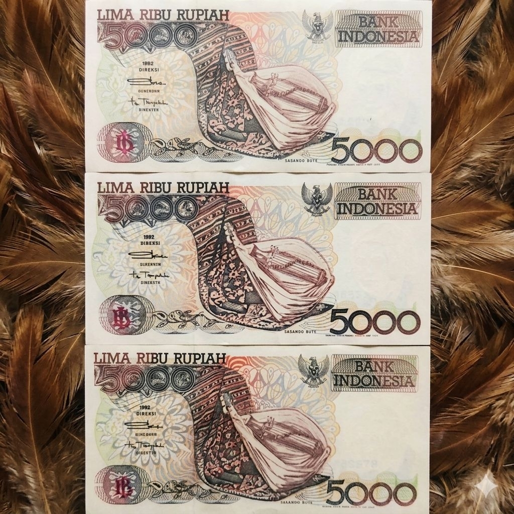 ASLI.... 3 lembar uang 5000 sasando uang lama indonesia