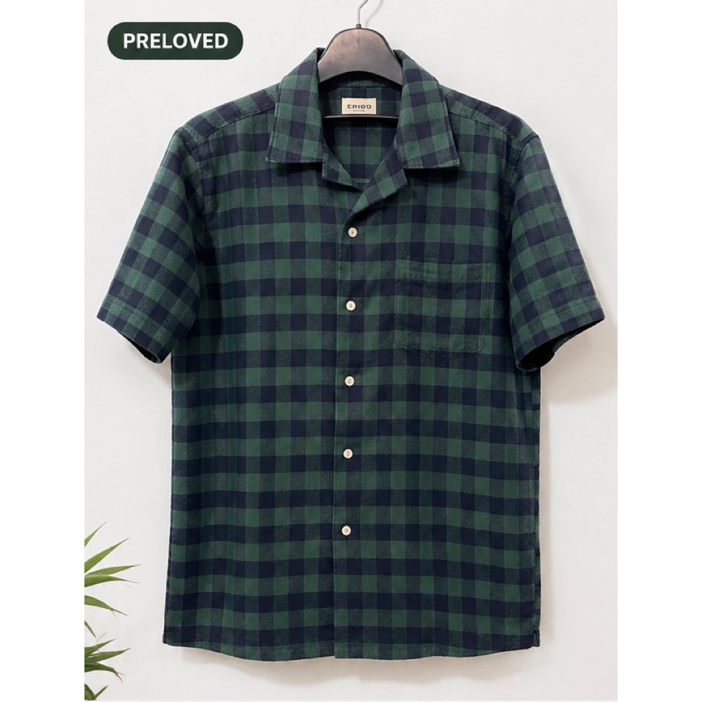 Kemeja Pria Erigo Kotak Kotak Hijau Navy Lengan Pendek Preloved Size M Flanel Casual