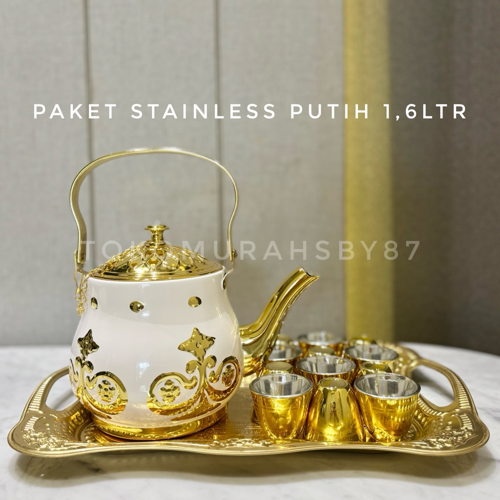 Set Teko Stainless Arab zam-zam Premium Gold + gelas + nampan untuk Haji dan Umroh