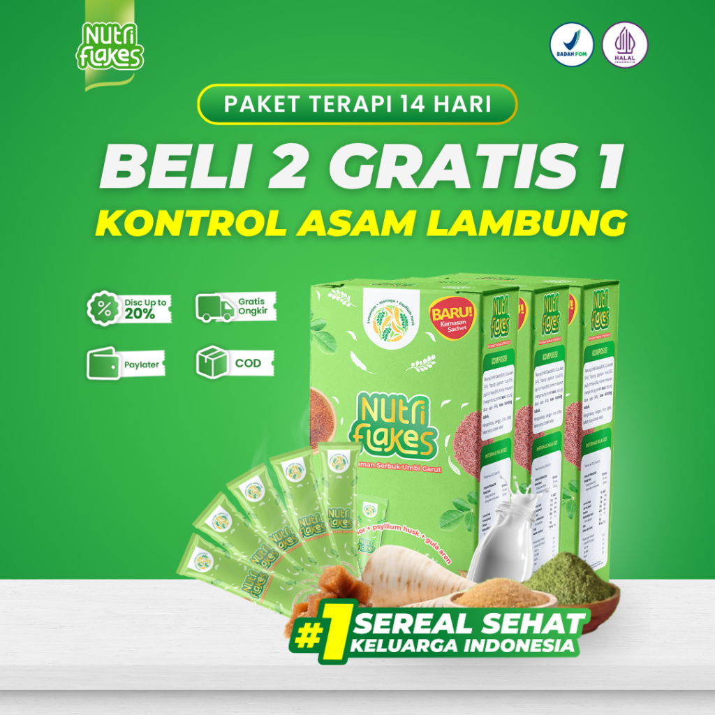 Kemasan Sachet Nutriflakes Sereal Umbi Garut Atasi Asam Lambung