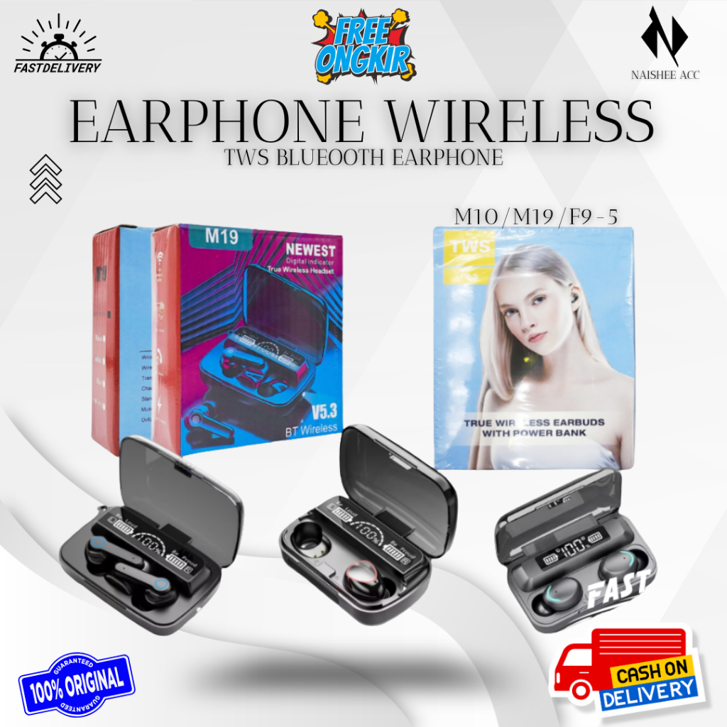 HANDSFREE TWS M19 / SPORT M10 / F9-5+ EARPHONE BLUETOOTH WIRELESS M19 TWS LED HEADSET BLUETOOTH 5.1 
