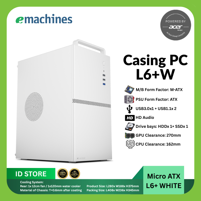 emachines Acer Gadget Casing PC L6+ White Form Factor M-ATX PSU ATX USB3.0 USB1.1x2 Audio HD HDD SSD