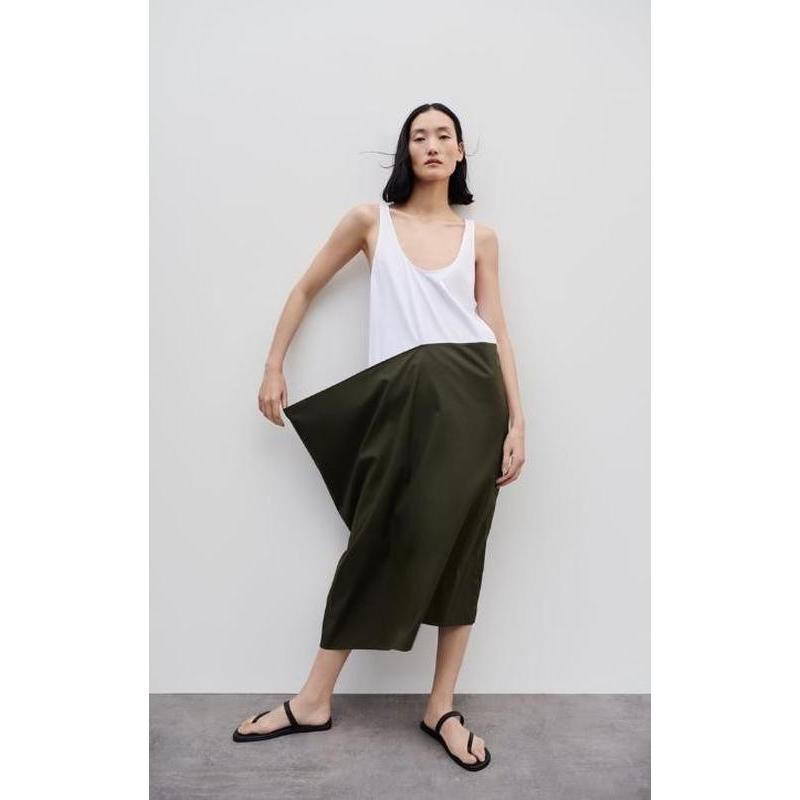 ZARA camisole midi dress with a contrasting poplin hem