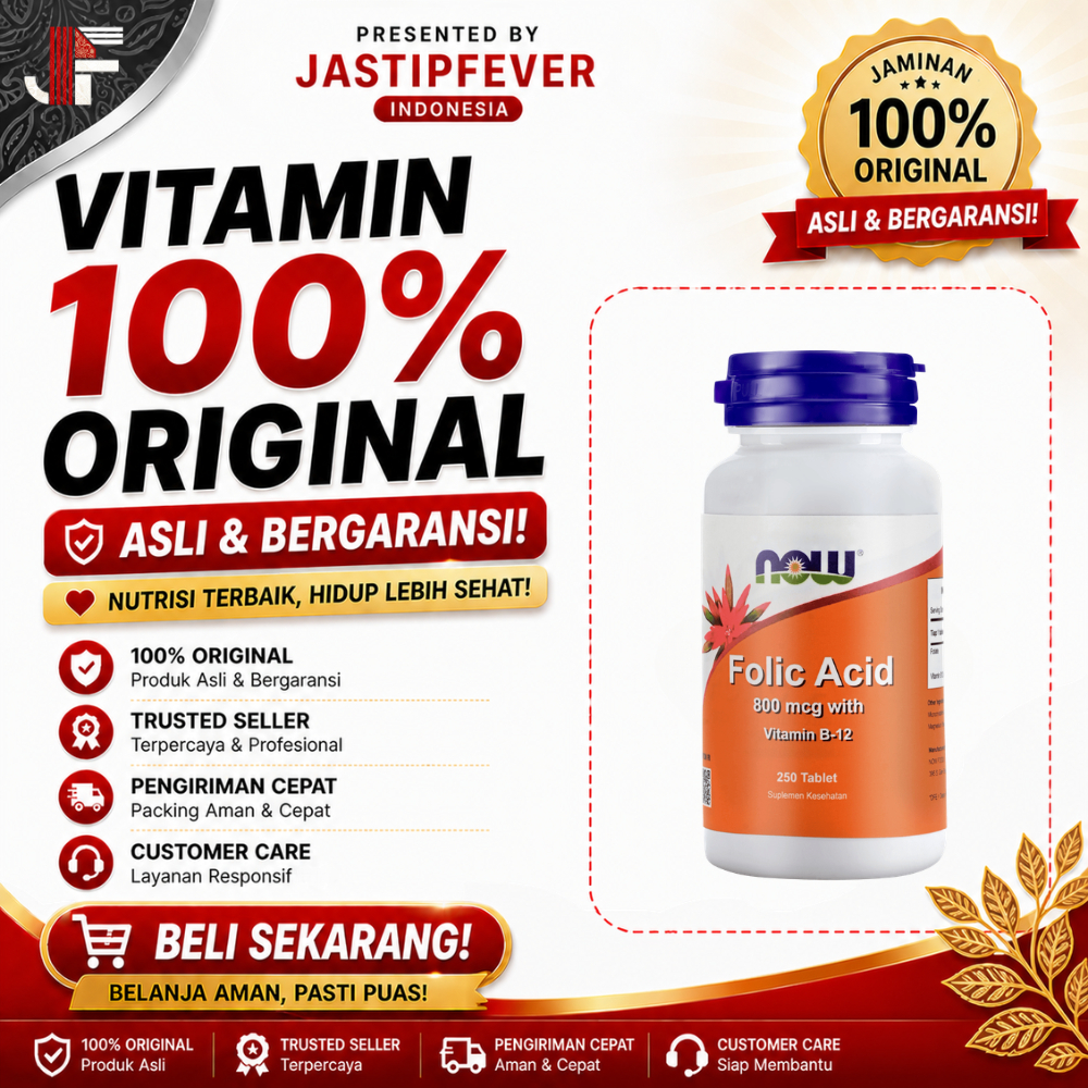 NOW Folic Acid 800mcg Vitamin B12 25mcg 250 Tablets | Suplemen Folate B12 USA