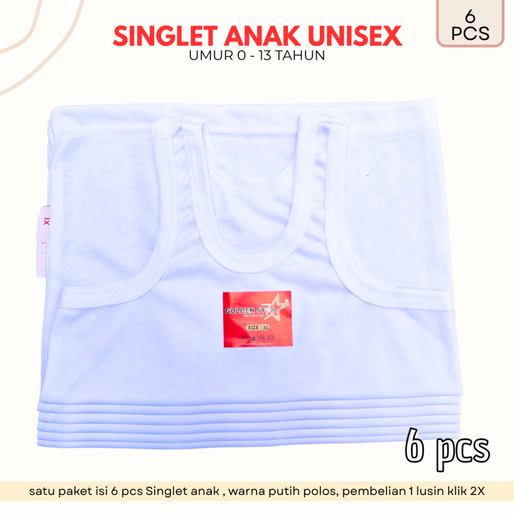 6 Pcs Singlet Putih Anak Laki-Laki & Perempuan / Kaos Dalam Anak Polos Katun Adem, Lembut, Nyaman Ta
