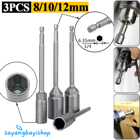 3PCS Adaptor Socket Mata Kunci Shock Format Hexagonal Ukuran 8mm 10mm 12mm Panjang, Bisa Untuk Buka 