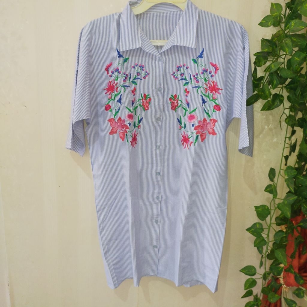 Kemeja Blouse Tunik Strip Bergaris Salur Biru Bordir Perempuan (Baca Deskripsi)
