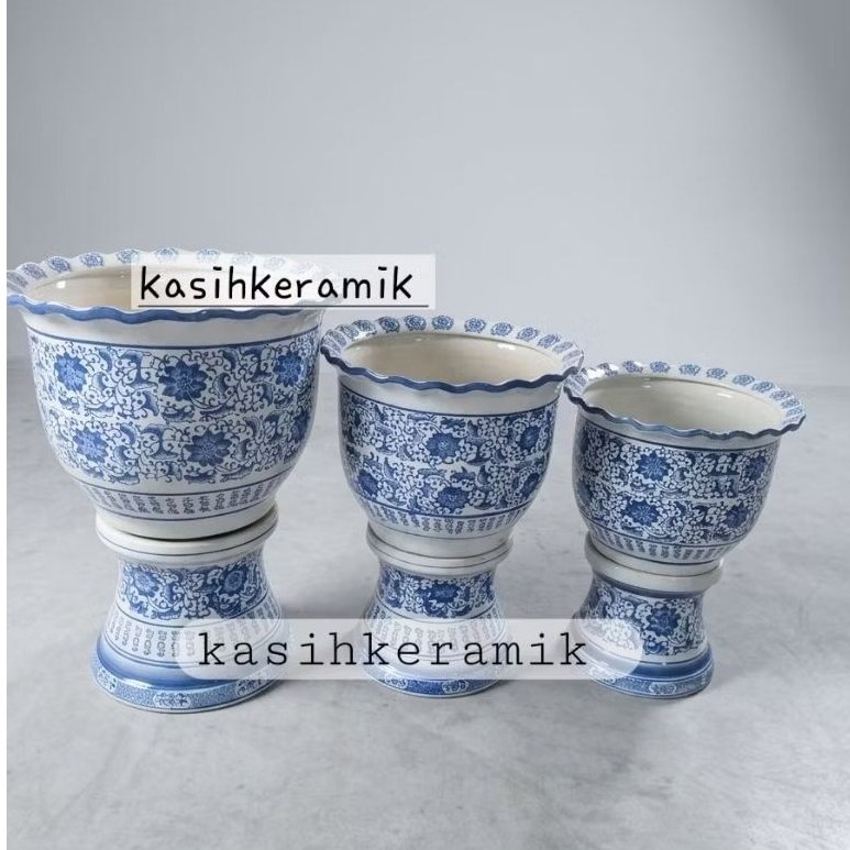 1 pcs pot tanaman vas bunga besar bahan keramik biru putih/pot kaki keramik untuk indoor atau outdoo