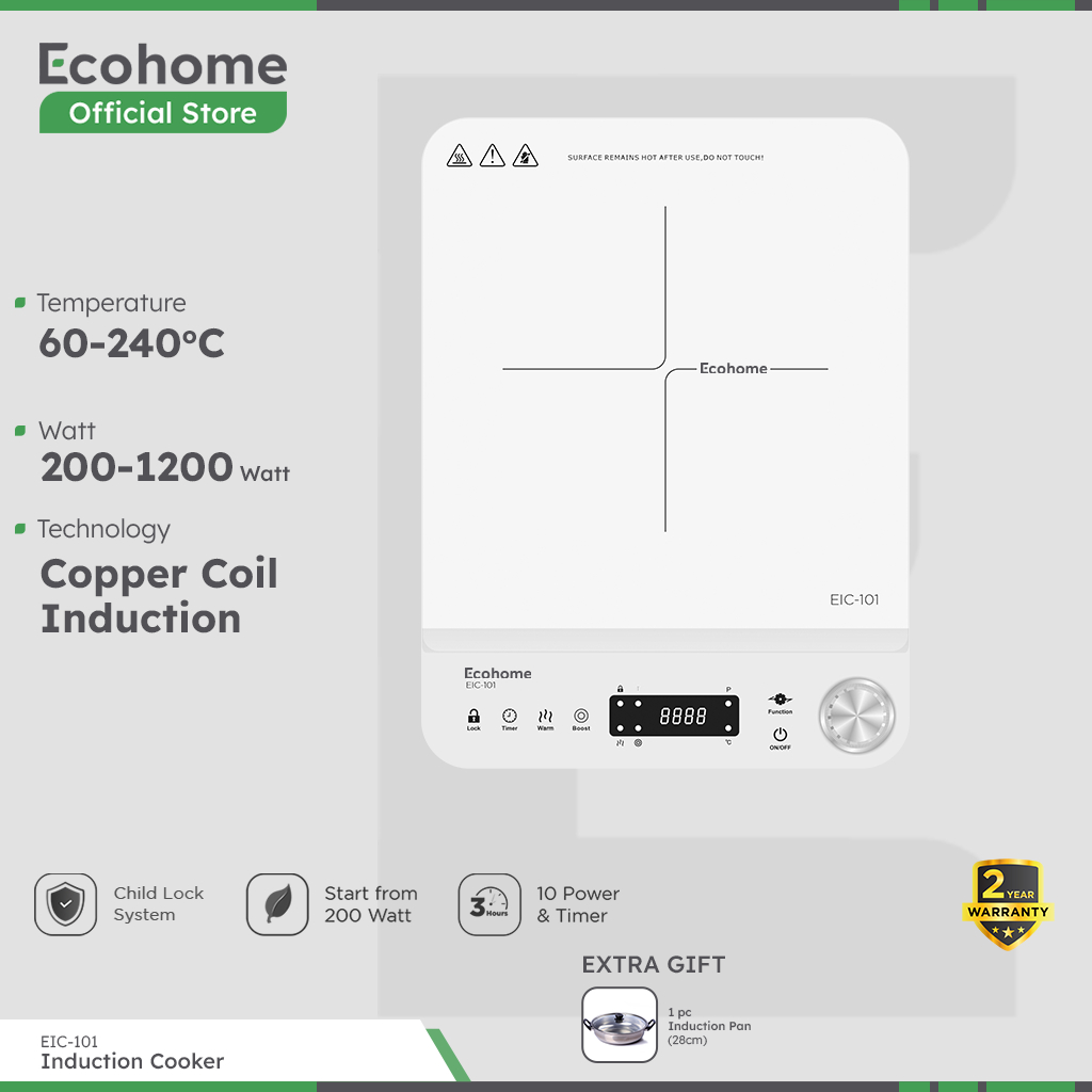 ECOHOME Induction Cooker EIC101 Kompor Induksi Low Watt with Durable Crystal Glass Screen