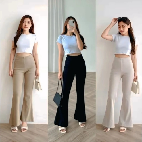 NRF- Evelyn Flare Pants Highwaist Cutbray Scuba Premium - Celana Adem Melar Panjang