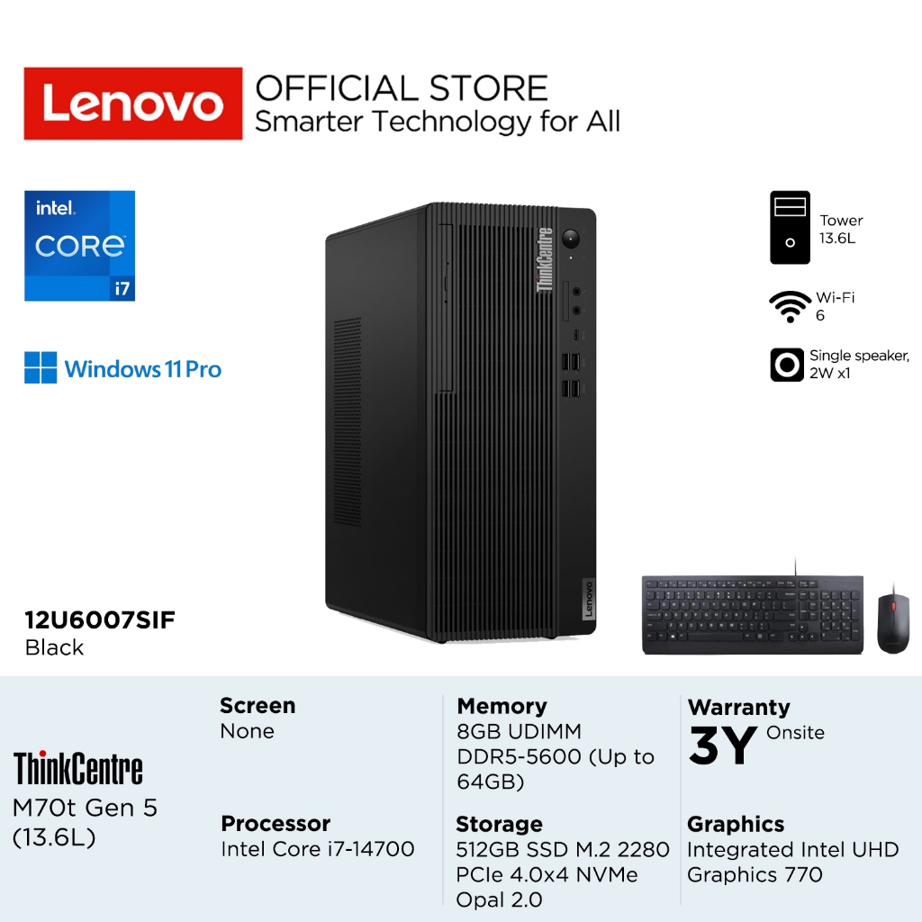 Lenovo PC ThinkCentre M70t Gen 5 7SIF Intel Core i7-14700, Integrated Intel UHD Graphics 770, RAM 8G