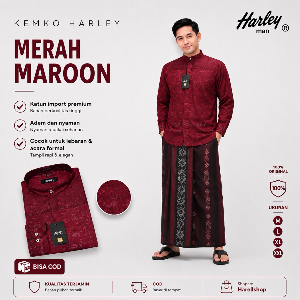 Kemko Harley Merah Maroon Motif | Kemeja Koko Pria Lengan Panjang | Baju Koko Modern Premium