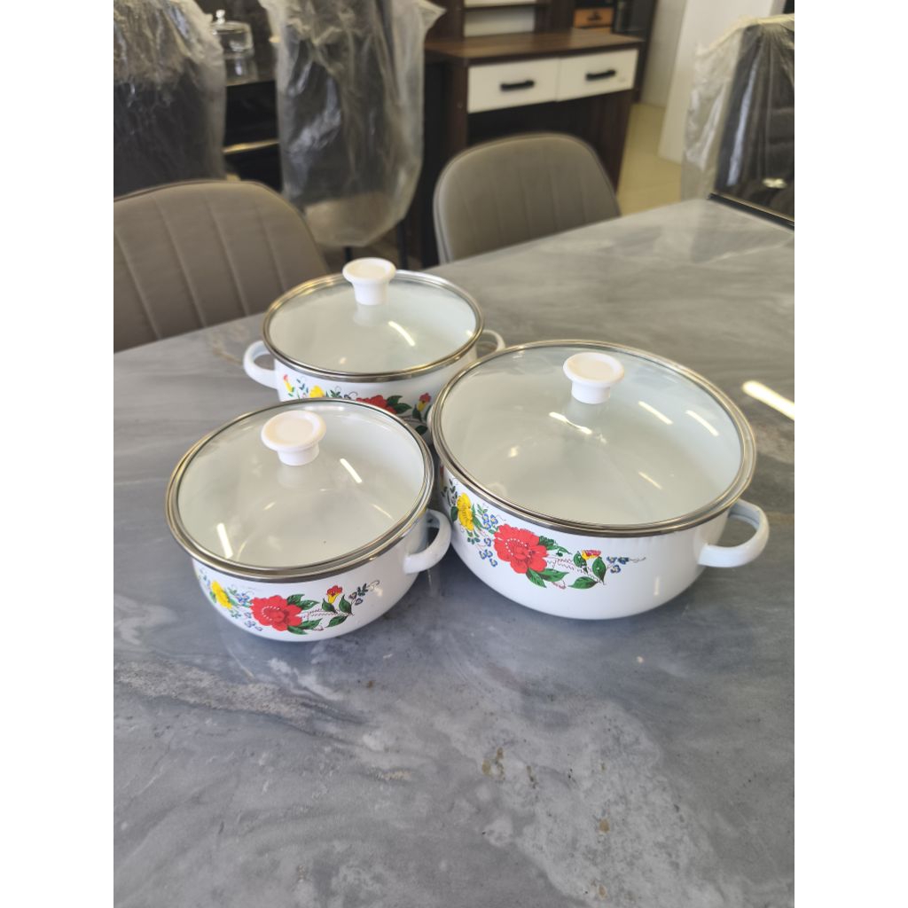 PANCI ENAMEL/RANTANG SUSUN MOTIF BUNGA DAN TUTUP KACA