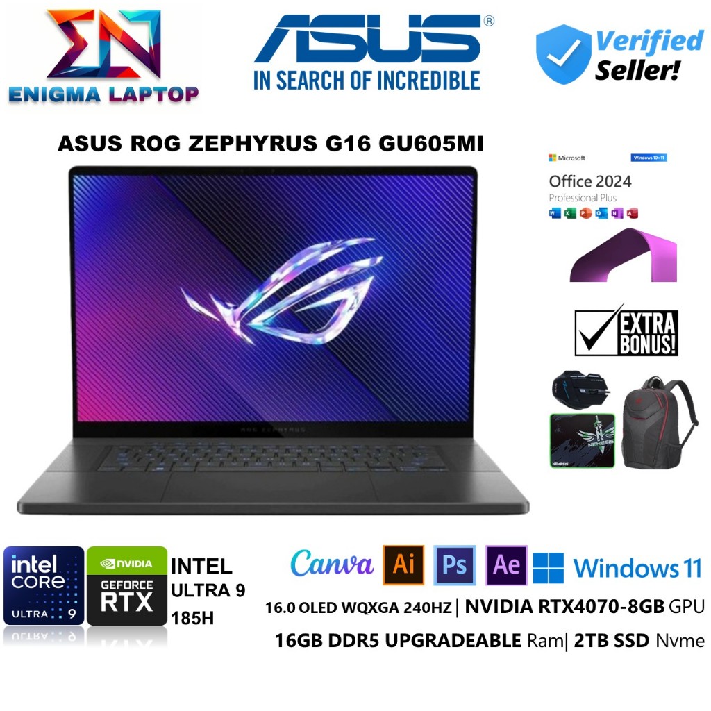 ASUS ROG Zephyrus G16 Intel Core Ultra 9 185H RAM 16GB 2TB SSD RTX4070 16" OLED WQXGA RGB Windows 11