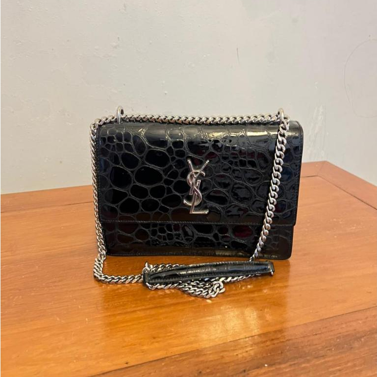 Preloved YSL Sunset Medium in Black Croco Embossed